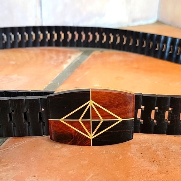 Solid wood belt with buckle geometric art inlayed wood designer belt rare item - Picture 1 of 9